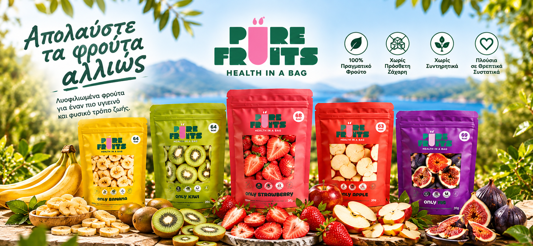 Pure Fruits λυοφιλιωμένα φρούτα: Only Banana, Only Kiwi, Only Strawberry, Only Apple, Only Fig